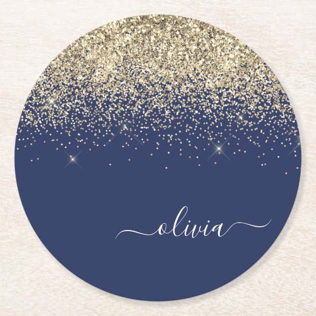Gold Navy Blue Glitter Script Monogram Girly Name Round Paper Coaster (Front)