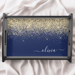 Gold Navy Blue Glitter Script Monogram Girly Name Serving Tray<br><div class="desc">Navy Blue and Gold Faux Sparkle Glitter Script Monogram Name Place Serving Tray. This makes the perfect graduation,  birthday,  wedding,  bridal shower,  anniversary,  baby shower or bachelorette party gift for someone that loves glam luxury and chic styles.</div>