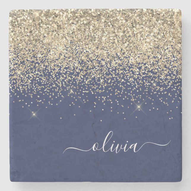 Gold Navy Blue Glitter Script Monogram Girly Name Stone Coaster (Front)