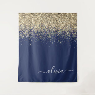 Gold Navy Blue Glitter Script Monogram Girly Name Tapestry