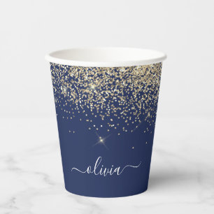 Gold Navy Blue Glitter Sparkle Monogram Paper Cups
