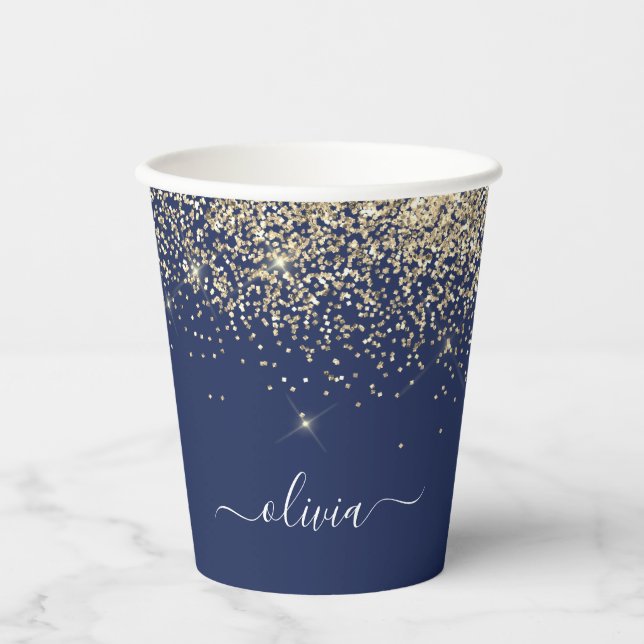 Gold Navy Blue Glitter Sparkle Monogram Paper Cups (Front)