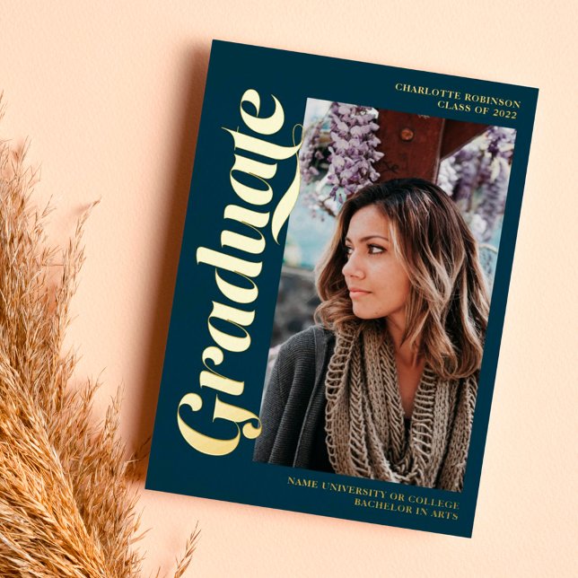 Gold navy blue graduate script 3 photos graduation (Creator Uploaded)