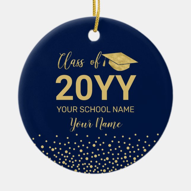 Gold & Navy Blue Graduation Christmas Gift Ceramic Tree Decoration (Front)
