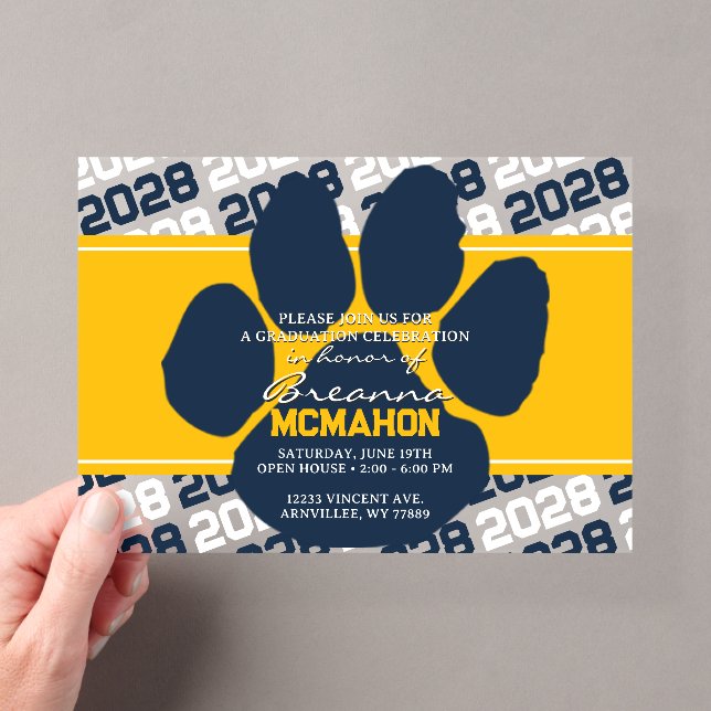 Gold & Navy Blue  Graduation Pawprint Frosted Acrylic Invitations (Insitu (Handheld))