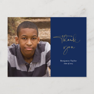 Gold & Navy Blue Graduation Thank You with Photo Postcard