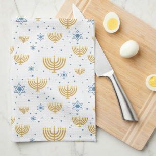 Gold & Navy Blue  Hanukkah Menorah Pattern Tea Towel