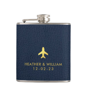 Gold Navy Blue Leather Destination Wedding Favours Hip Flask