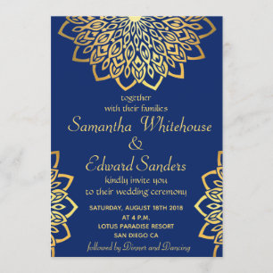 Gold Navy Blue Mandala Wedding Invitation