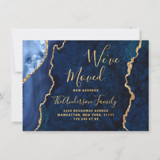 Gold & Navy Blue Marble Agate New Address Moving Announcement