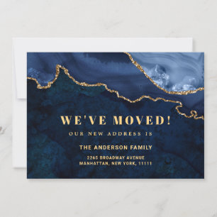 Gold & Navy Blue Marble New Address Moving Announcement