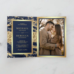 Gold Navy Blue Marble Photo QR Code Wedding Invitation