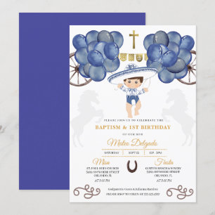 Gold & Navy Blue Mexican Baby Boy Charro Baptism Invitation