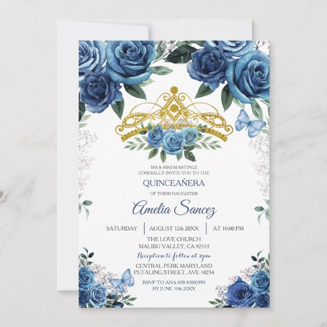 Gold & Navy Blue Mexican Mis Quince Invitation (Front)