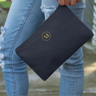 Gold Navy Blue Minimalist Modern Monogrammed Accessory Pouch