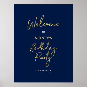 Gold & Navy Blue Modern Birthday Party Welcome Poster