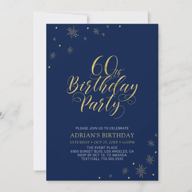 Gold & Navy Blue | Modern Chic 60th Birthday Party Invitation (Front)