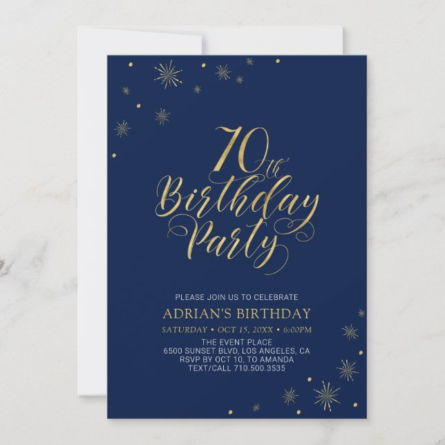 Gold & Navy Blue | Modern Chic 70th Birthday Party Invitation (Front)