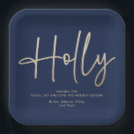 Gold navy blue modern minimal script elegant paper plate<br><div class="desc">Gold effect and navy blue modern minimal script elegant simple geometric holly holiday Christmas napkin design.</div>