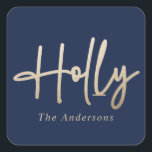 Gold navy blue modern minimal script elegant square sticker<br><div class="desc">Gold effect and navy blue modern minimal script elegant simple geometric holly holiday Christmas card.</div>