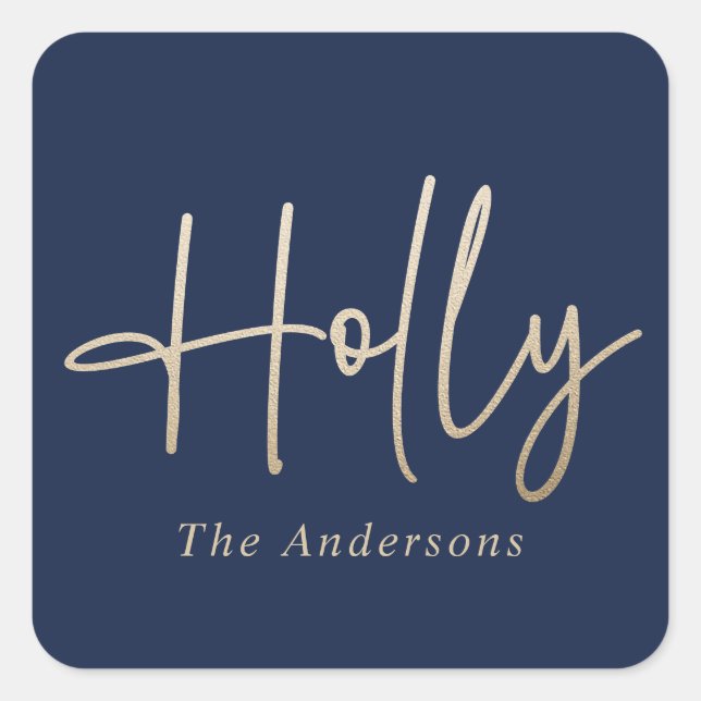 Gold navy blue modern minimal script elegant square sticker (Front)