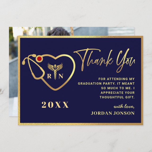 Gold Navy Blue Modern Nursing School Graduation Thank You Card (Front/Back)