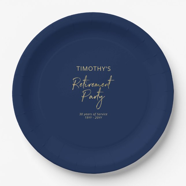 Gold & Navy Blue Modern Retirement Party Paper Plate (Front)
