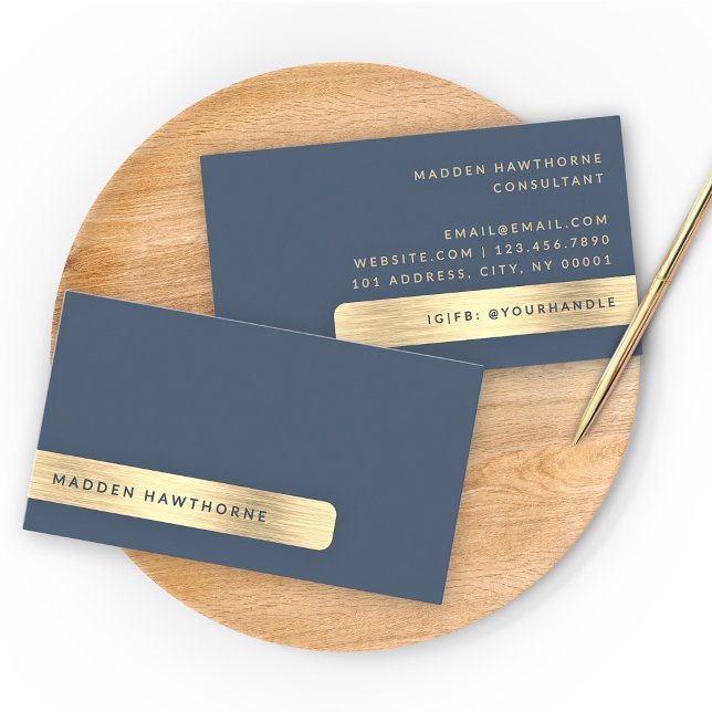 Gold Navy Blue Modern Simple Elegant Brushed Metal Business Card (Creator Uploaded)