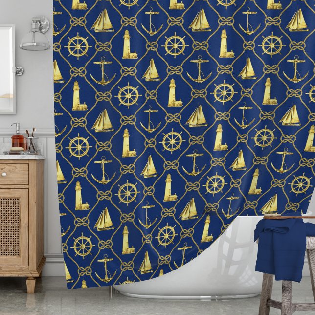 Gold Navy Blue Nautical Ships Rope Decor Shower Curtain (Creator Uploaded)