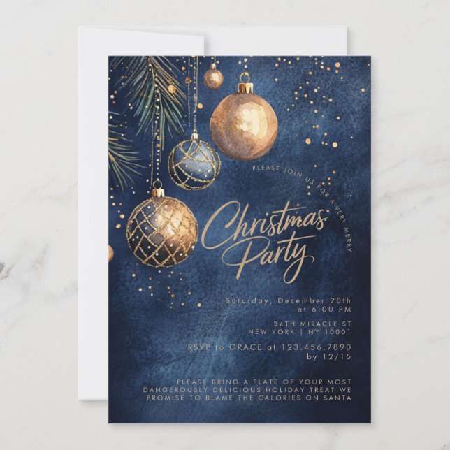 Gold Navy Blue Ornaments Baubles Holiday Christmas Invitation (Front)