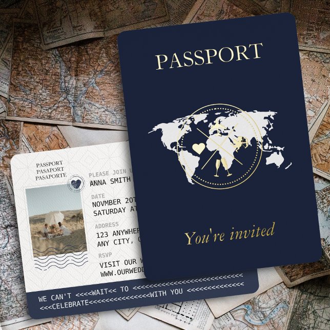Gold & Navy Blue Passport Unique Wedding Photo (Gold Foil & Navy Blue Wedding Passport)