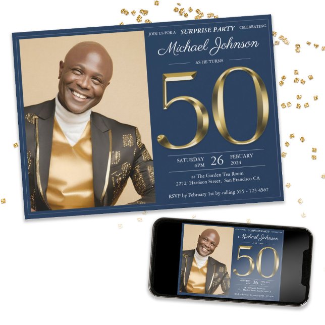 Gold Navy Blue Photo 50th Birthday Surprise Party Invitation (Gold Navy Blue Photo 50th Birthday Surprise Party Invitation)