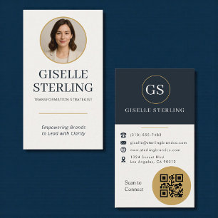 Gold & Navy Blue Photo QR Code Business Card