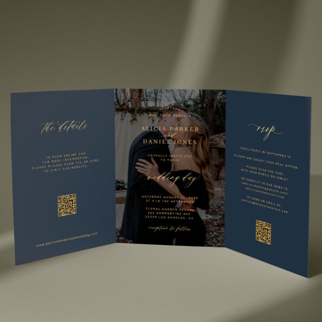 Gold navy blue photo wedding RSVP details QR code  Tri-Fold Invitation (Creator Uploaded)