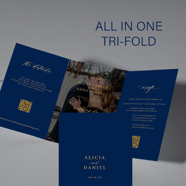 Gold navy blue photo wedding RSVP details QR code Tri-Fold Invitation (Creator Uploaded)