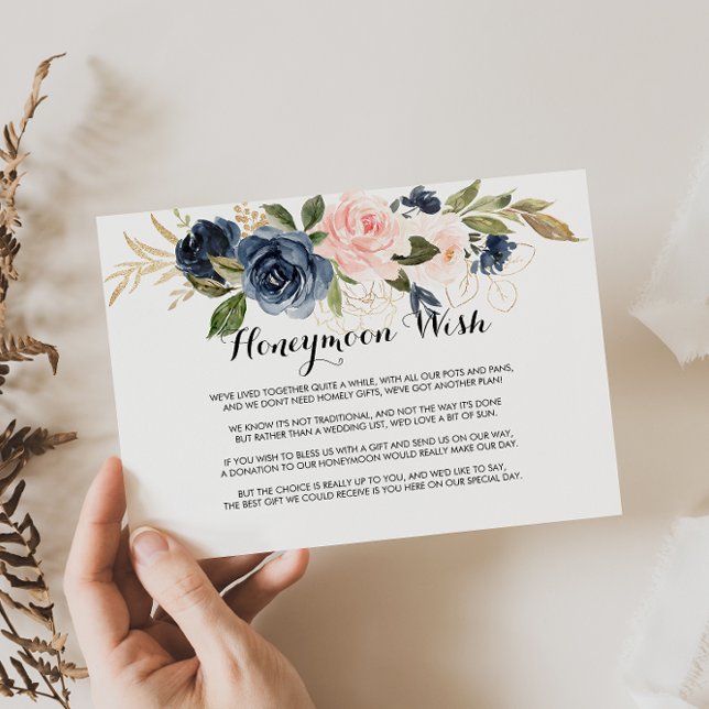 Gold Navy Blue Pink Floral Honeymoon Wish  Enclosure Card (Creator Uploaded)
