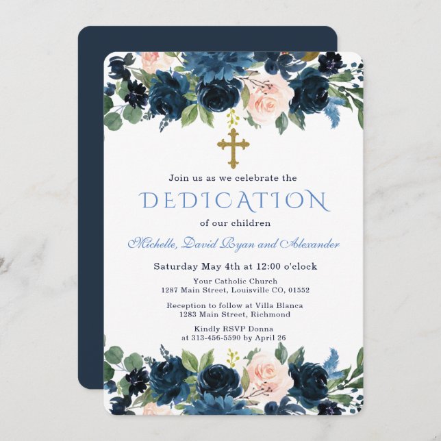 Gold Navy Blue Pink Floral Triplets Dedication Invitation (Front/Back)