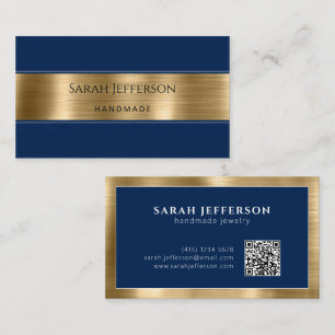 Gold Navy Blue Professional Metallic Elegant QR Business Card
