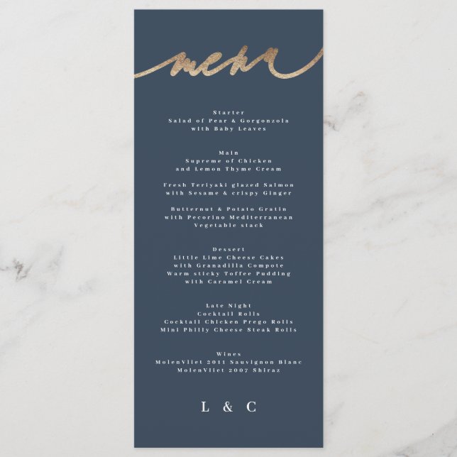 Gold Navy Blue Simple Classic Wedding Menu (Front)