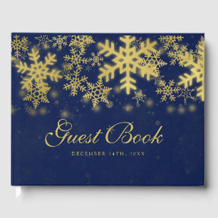 Gold + Navy Blue Snowflakes Christmas Guest Book