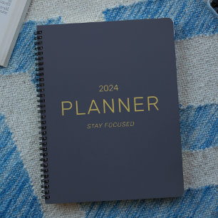 Gold Navy Blue Stay Focused 2024 Personal Weekly Planner