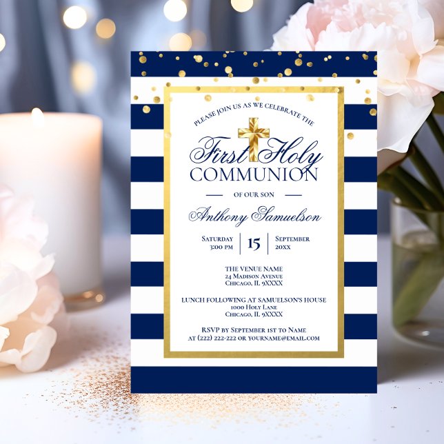 Gold Navy Blue Stripes First Holy Communion Boy Invitation (Gold Navy Blue Stripes First Holy Communion Boy Invitation)