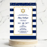 Gold Navy Blue Stripes & Star David | Bar Mitzvah  Invitation<br><div class="desc">Elegant and modern Bar Mitzvah design with faux gold confetti and navy blue and white stripes background. Gold star of David. Jewish celebration rite of passage / coming-of-age ritual in Judaism for boy. Faux gold foil wording and confetti. All text can be edited with font and size. Don't forget to...</div>