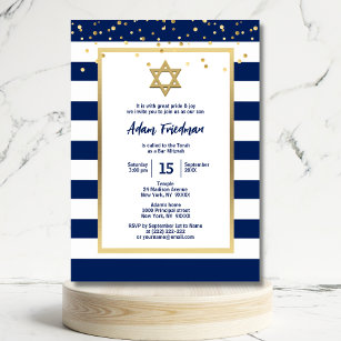 Gold Navy Blue Stripes & Star David   Bar Mitzvah  Invitation