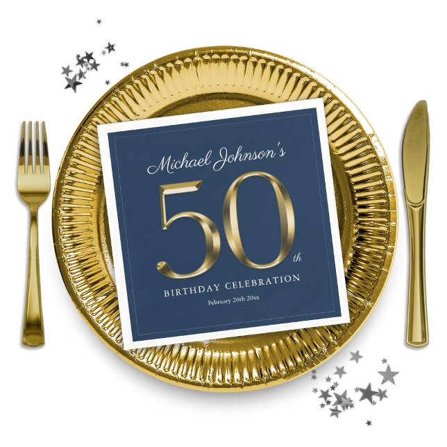Gold Navy Blue Typography 50th Birthday Party Napkin (Gold Navy Blue Typography 50th Birthday Party Napkins)