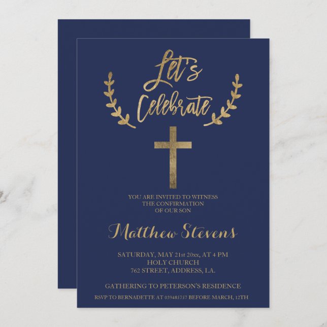 Gold navy blue typography chic confirmation invitation (Front/Back)