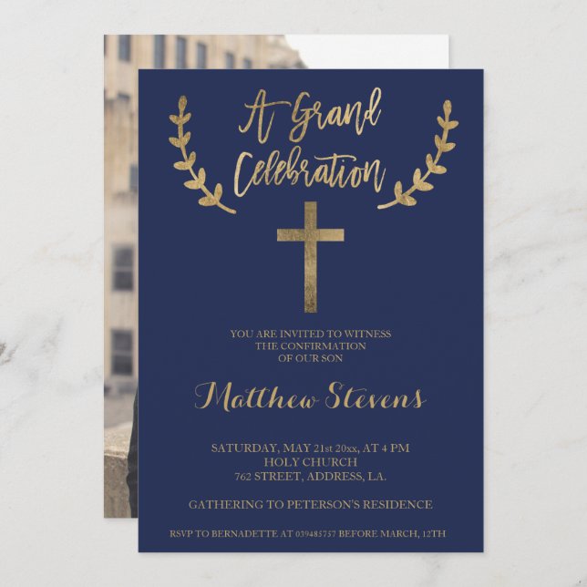 Gold navy blue typography photo confirmation invitation (Front/Back)