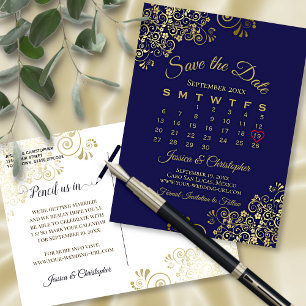 Gold & Navy Blue Wedding Save the Date Calendar Announcement Postcard