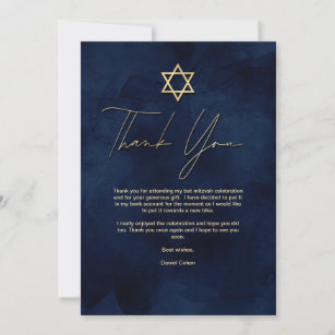 Gold Navy Blue White Watercolor Bar Mitzvah Thank You Card