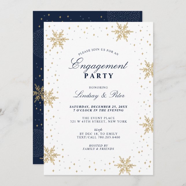 Gold & Navy Blue Winter Christmas Engagement Party Invitation (Front/Back)